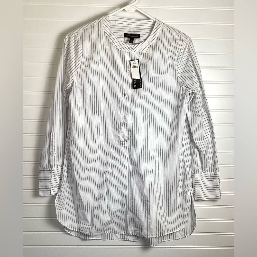 Banana Republic NWT 1/2 Button 3/4 Sleeve Blu& White Striped Top Shirt Small